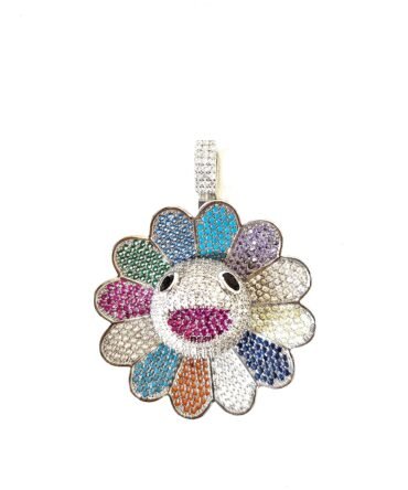 Spinning Murakami Flower Iced Out pendant in 14k White Gold