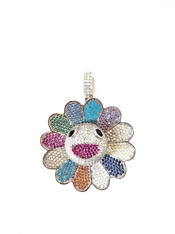 Spinning Murakami Flower Iced Out pendant in 14k White Gold