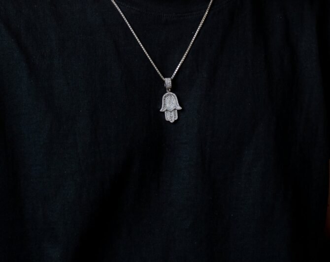 Hamsa Hand Frozen Iced Cross in 14k white gold with rope chain